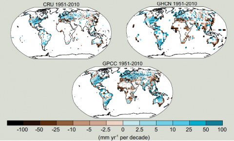 Τάση μεταβολής κατακρημνισμάτων (mm/δεκαετία) περιόδου 1951-2010, σύμφωνα με τα διαθέσιμα στοιχεία βάσεων δεομένων Climatic Research Unit (CRU), Global Historical Climatology Network (GHCN) και Global Precipitation Climatology Centre (GPCC)