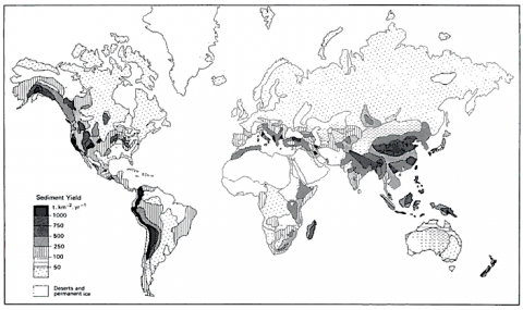 Παγκόσμια γεωγραφική κατανομή της (ειδικής) στερεοαπορροής  εκφρασμένης σε φορτίο αιωρούμενων σωματιδίων/ ιζημάτων